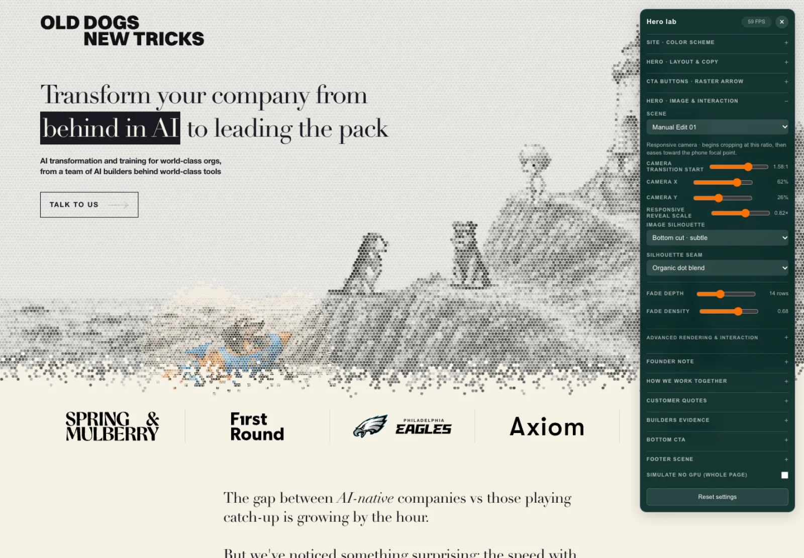 The working homepage with the Hero Lab sidebar open, showing scene, camera, and silhouette controls
