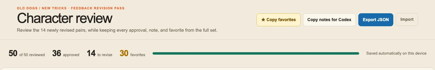 The review app’s header, with a Copy notes for Codex button