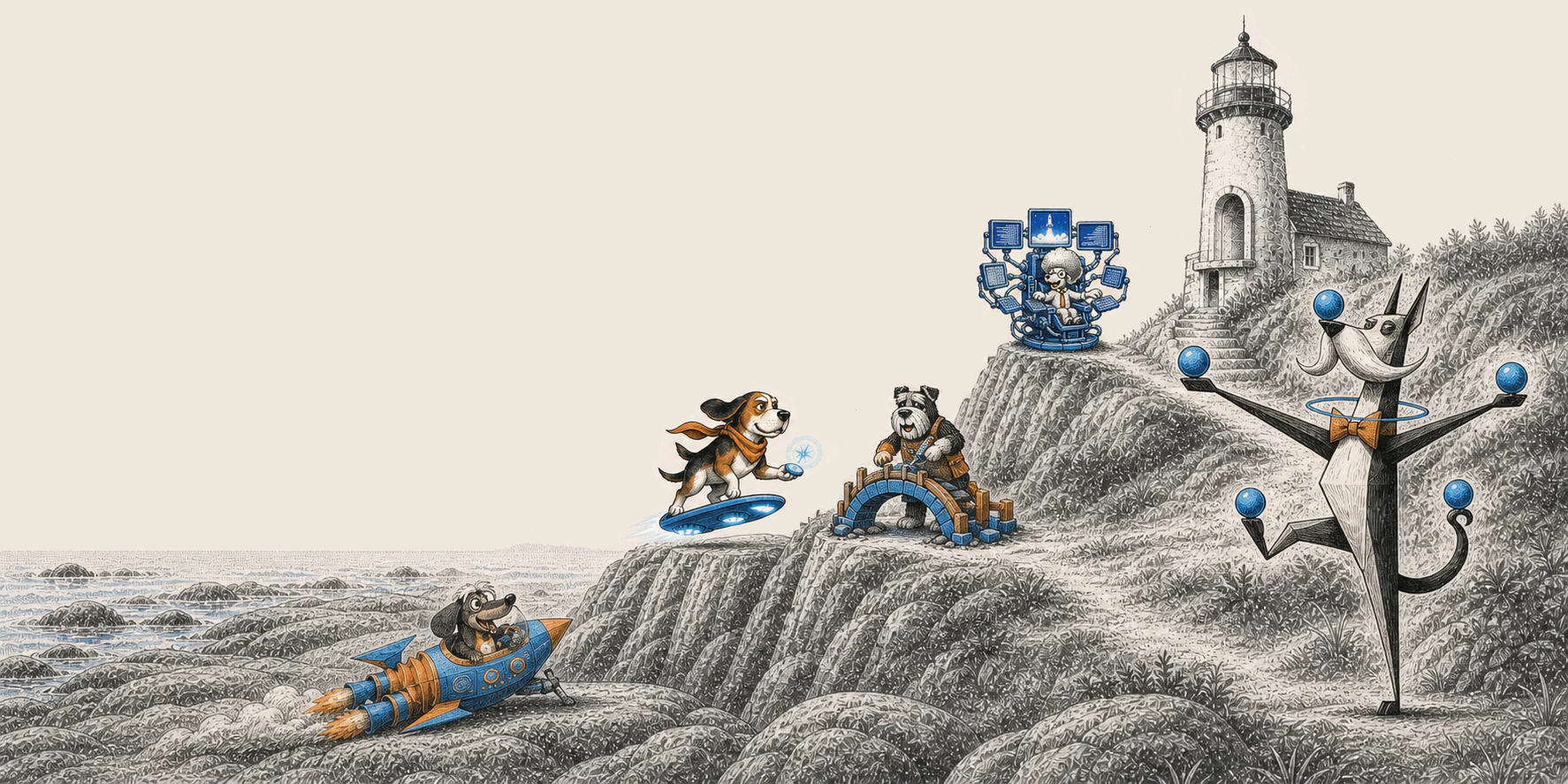 Five old dogs learning new tricks around a lighthouse